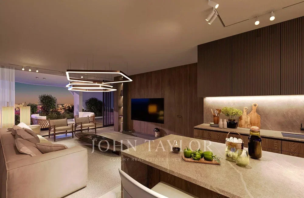 Living room; view, kitchen appliances, natural light, modern style