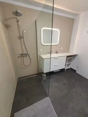 Salle de bain; rénové, lumière naturelle, carrelage