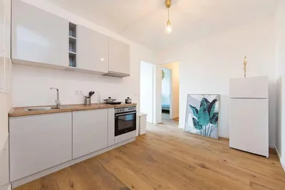 Cucina; elettrodomestici, pavimento in legno, luce naturale