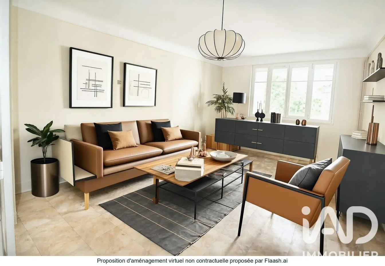 Living room; tile floor, natural light, modern style