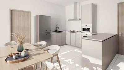 Cuisine; électroménager, carrelage, lumière naturelle