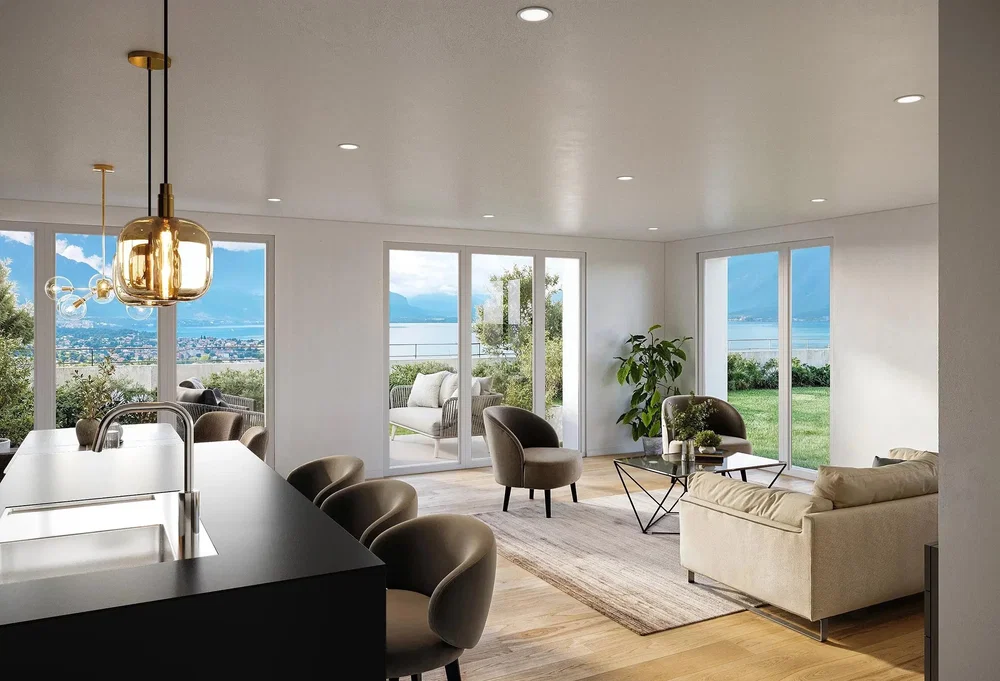 Soggiorno; vista, luce naturale, stile moderno, pavimento in legno