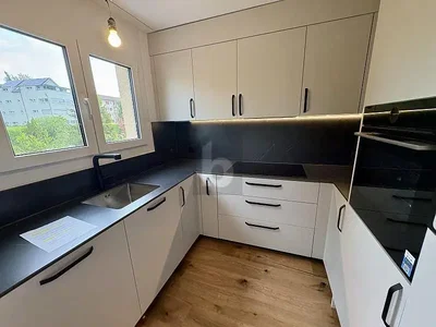 Kitchen; kitchen appliances, wood floor, natural light, modern style