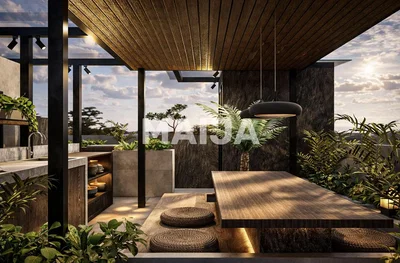 شرفة; إطلالة, أجهزة المطبخ, ضوء طبيعي, أسلوب عصري, عوارض خشبية