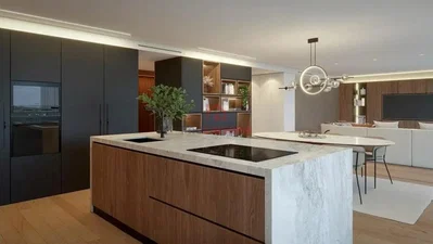Cuisine; électroménager, parquet, lumière naturelle, style moderne