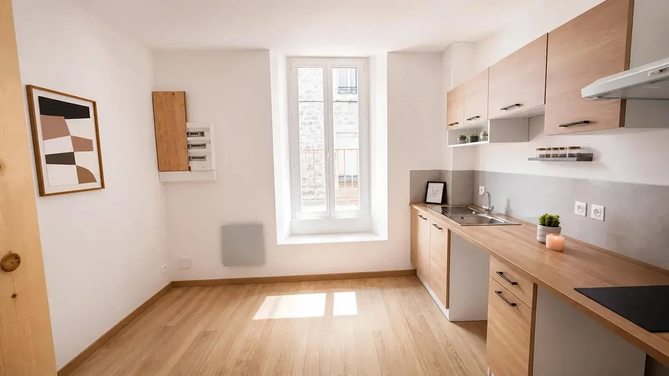 Kuhinja; kuhinjski aparati, drveni pod, prirodno svjetlo, moderni stil, renoviran