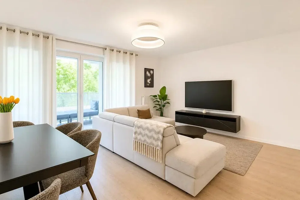 Wohnzimmer; tageslicht, moderner stil, holzboden