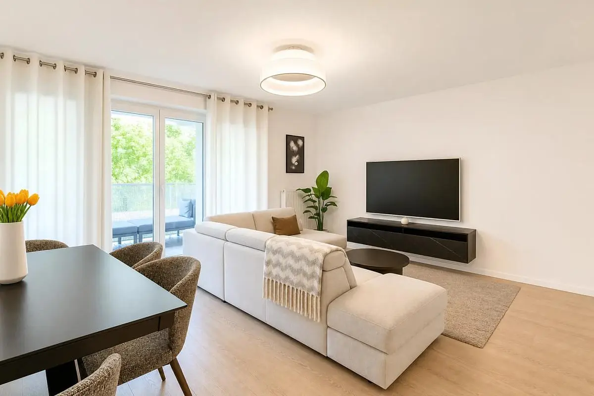 Wohnzimmer; tageslicht, moderner stil, holzboden