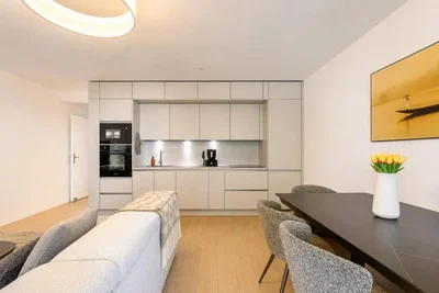 Wohnzimmer; küchengeräte, tageslicht, moderner stil, holzboden