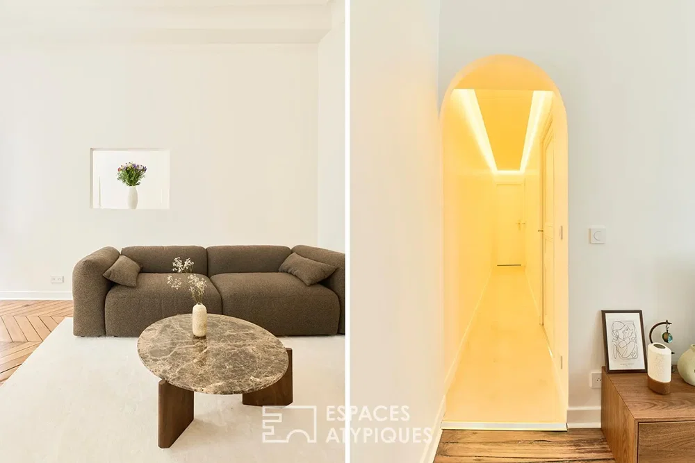 Wohnzimmer; tageslicht, moderner stil, holzboden