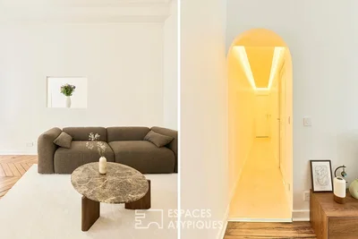Wohnzimmer; tageslicht, moderner stil, holzboden