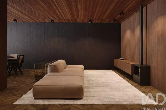 Living room; wood beams, wood floor, natural light