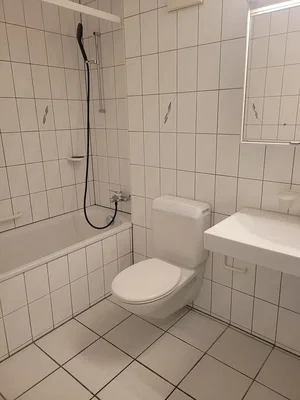 Toilet; tile floor, natural light