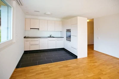 Кухиња; кухињски апарати, дрвени под, плочице, природно светло