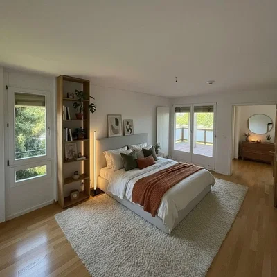 Спаваћа соба; дрвени под, природно светло, модерни стил