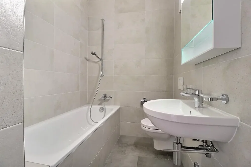 Bathroom; tile floor, renovated, natural light