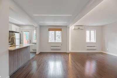 Living room; wood floor, natural light, kitchen appliances