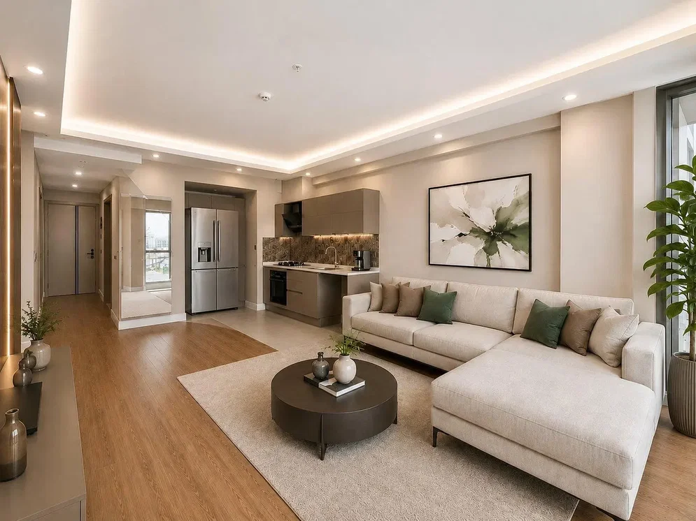 Sala de estar; chão de madeira, luz natural, estilo moderno, eletrodomésticos