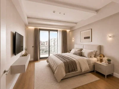 Quarto; chão de madeira, luz natural, estilo moderno