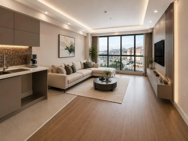 Sala de estar; vista, eletrodomésticos, luz natural, estilo moderno, chão de madeira