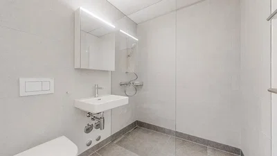 Toilet; tile floor, natural light
