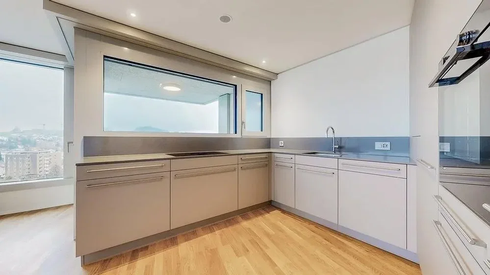 Kitchen; view, kitchen appliances, wood floor, natural light