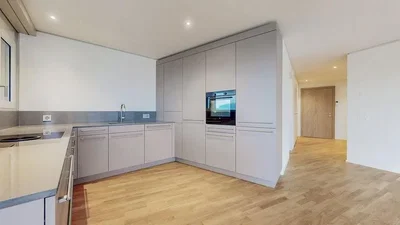 Kitchen; kitchen appliances, wood floor, renovated, natural light