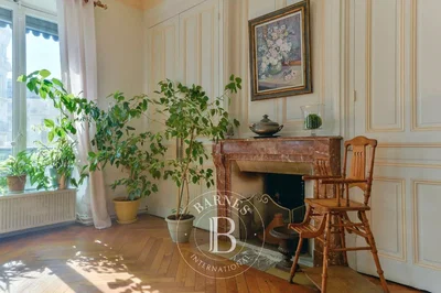 Living room; wood floor, fireplace, natural light