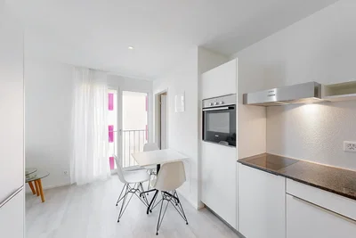 Kitchen; kitchen appliances, natural light, modern style, tile floor