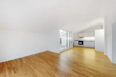 Living room; wood floor, natural light, kitchen appliances