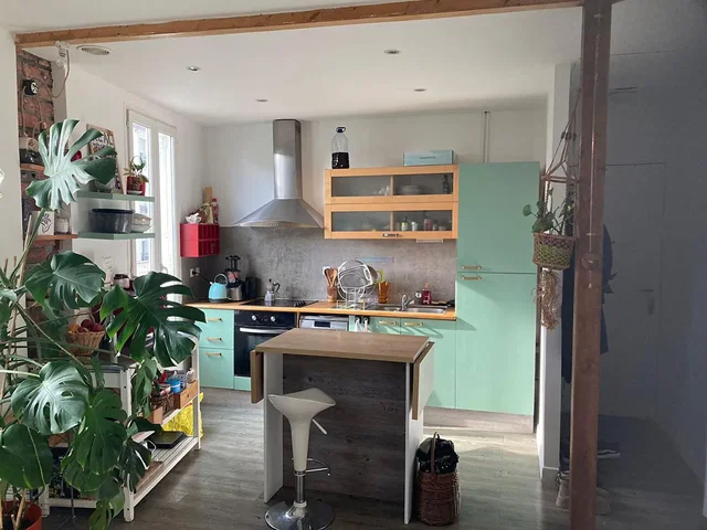 Kuhinja; kuhinjski aparati, drveni pod, prirodno svjetlo, moderni stil