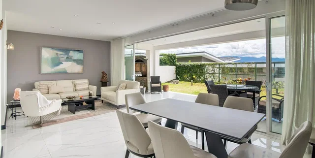 Living room; view, tile floor, natural light, modern style