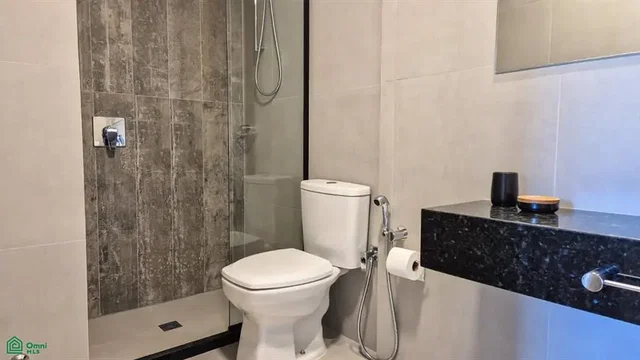 Toilet; tile floor, renovated, natural light