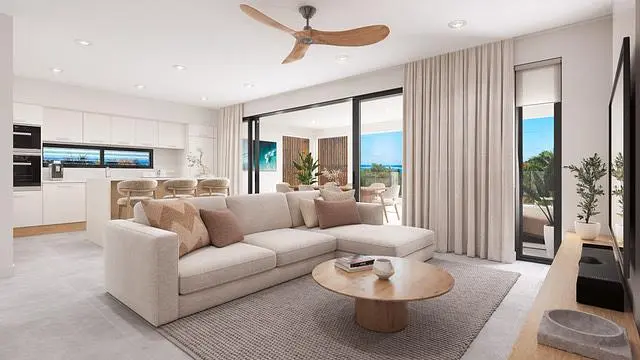 Wohnzimmer; blick, küchengeräte, tageslicht, moderner stil, holzboden