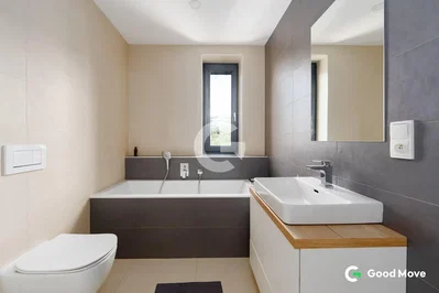 Badkamer; gerenoveerd, natuurlijk licht, tegelvloer