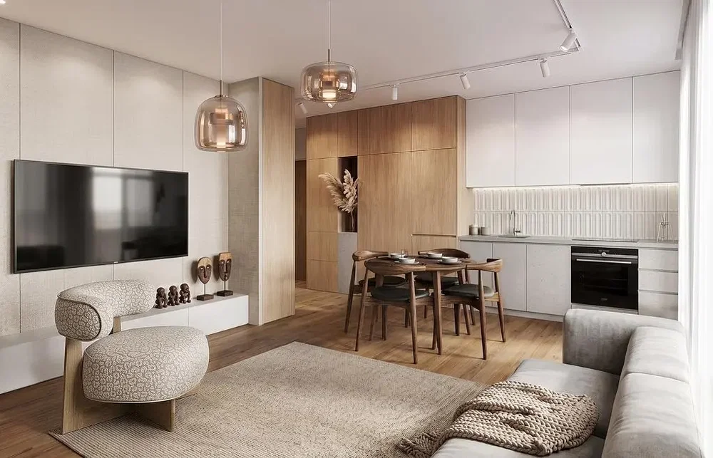Obývací pokoj; moderní styl, dřevěná podlaha, přirozené světlo, kuchyňské spotřebiče