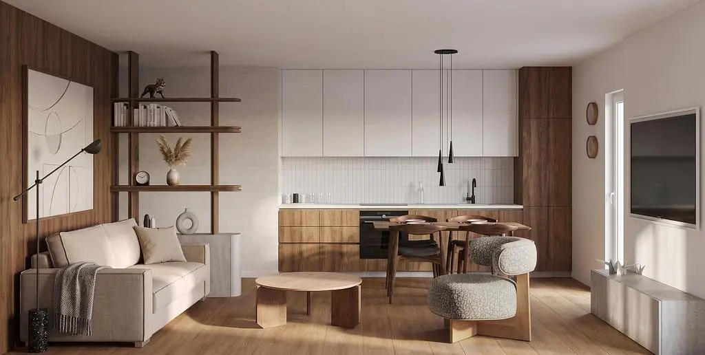 Obývací pokoj; moderní styl, dřevěná podlaha, přirozené světlo, kuchyňské spotřebiče