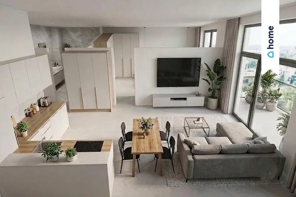 Oturma odası; manzara, mutfak aletleri, doğal ışık, modern stil, ahşap zemin