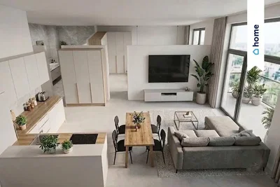 Oturma odası; manzara, mutfak aletleri, doğal ışık, modern stil, ahşap zemin