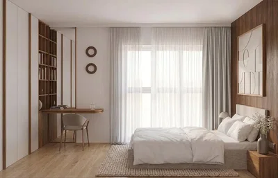 Ložnice; přirozené světlo, dřevěná podlaha, moderní styl