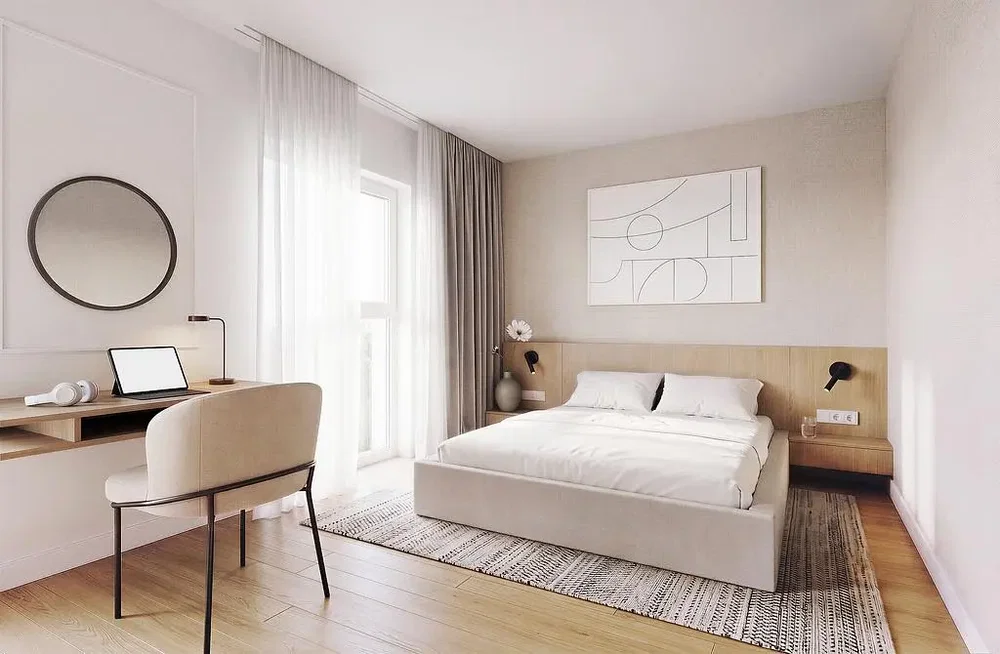Ložnice; dřevěná podlaha, přirozené světlo, moderní styl