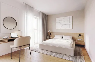 Ložnice; dřevěná podlaha, přirozené světlo, moderní styl