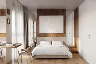 Ložnice; dřevěná podlaha, přirozené světlo, moderní styl