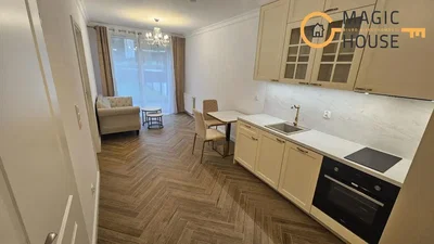Kuchyně; kuchyňské spotřebiče, dřevěná podlaha, přirozené světlo