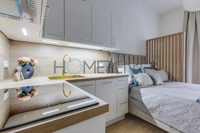 Schlafzimmer; küchengeräte, holzboden, tageslicht, moderner stil
