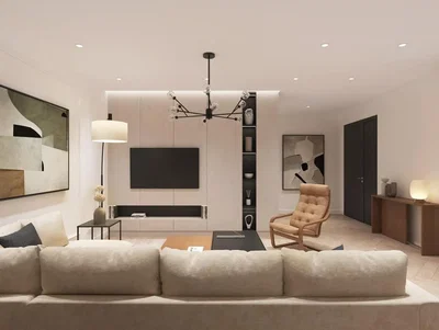 Woonkamer; natuurlijk licht, moderne stijl, houten vloer