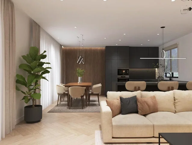 Woonkamer; houten vloer, natuurlijk licht, moderne stijl, keukenapparatuur