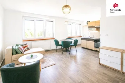 Living room; natural light, wood floor, modern style, kitchen appliances