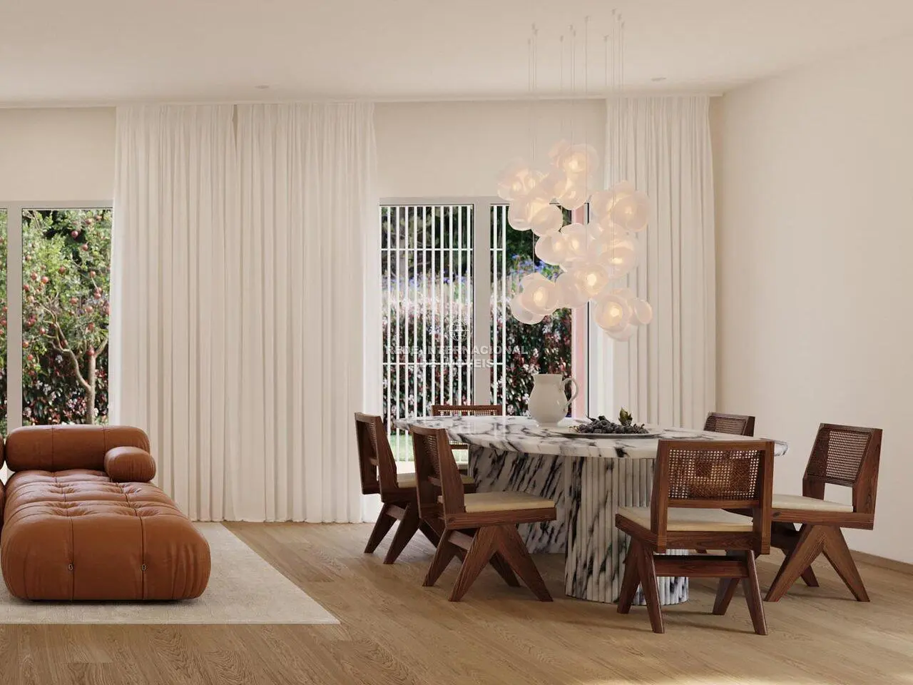 Woonkamer; houten vloer, natuurlijk licht, moderne stijl