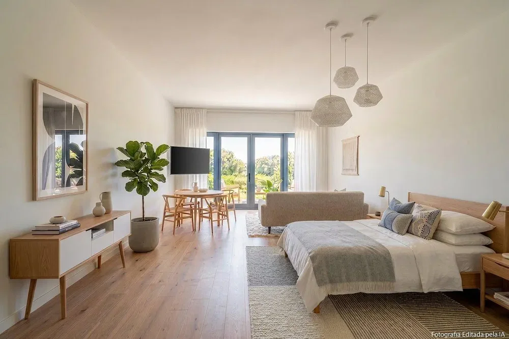 Ložnice; dřevěná podlaha, přirozené světlo, moderní styl